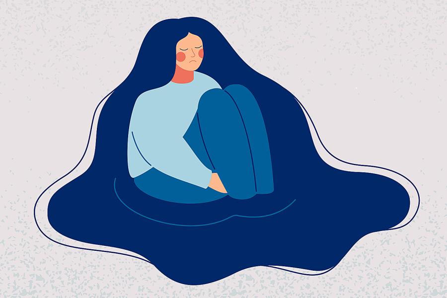 Illustration of an upset woman sitting in a puddle full of tears, her hands clasped around her ankles. 