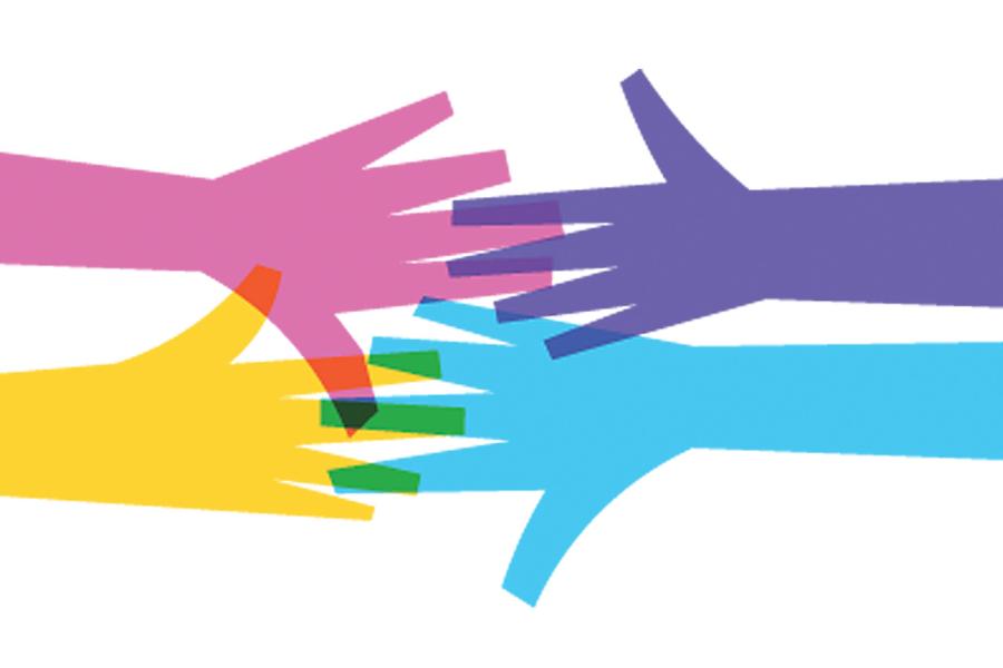Illustration of four vibrantly colored hands reaching out to each other.