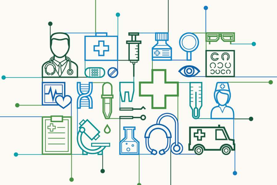 Illustration of physicians, ambulances, EKGs, and other components of health care and a public health system