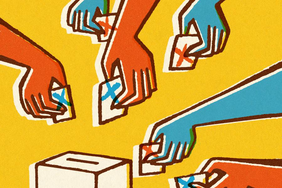 An illustration of blue and red hands putting ballots in a box