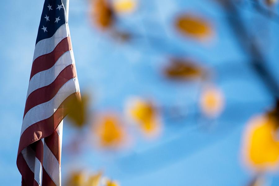 An American flag hangs amid sparse yellow fall foliage