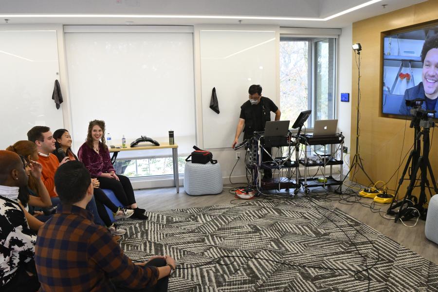 Comedian Trevor Noah Zooms into a call with students in the Imagine Center content creation lab