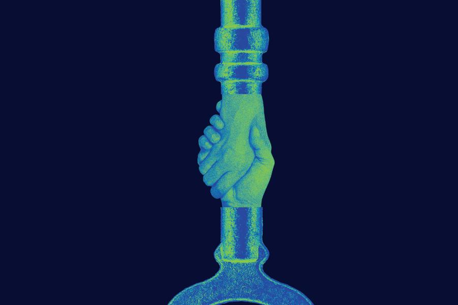 Digital-style illustration of a key. Incorporated within the key is an image of two hands shaking.