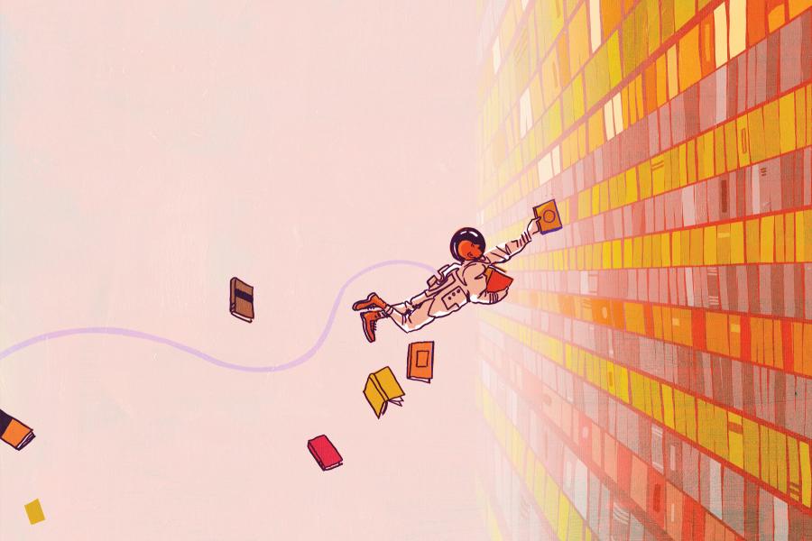 An illustration in muted pinks, oranges, reds, and yellows showing an astronaut taking a book off a shelf while floating in space 