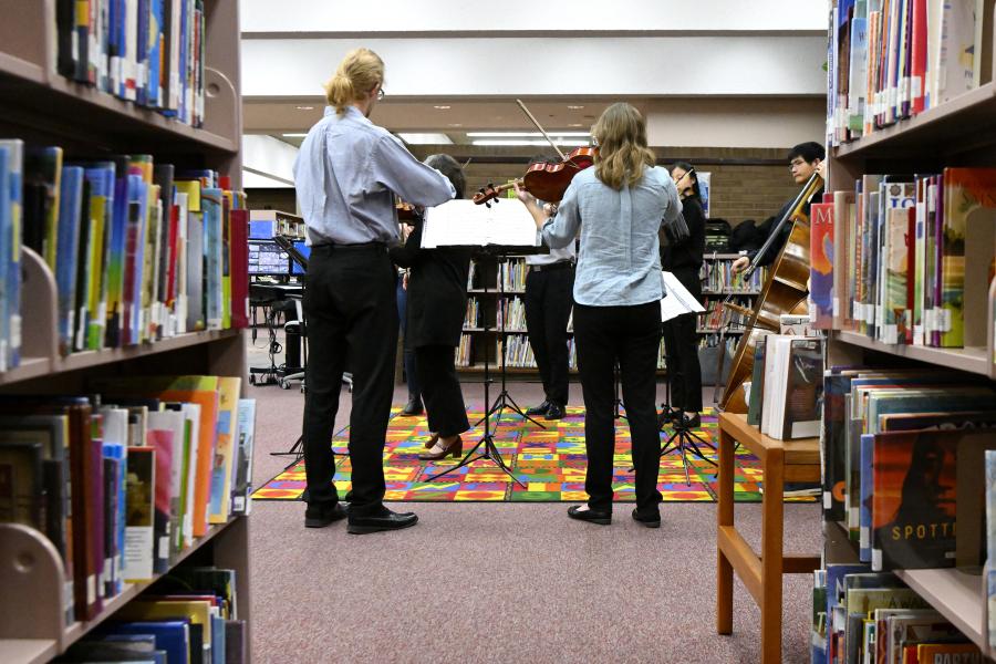 Musicians perform in a library