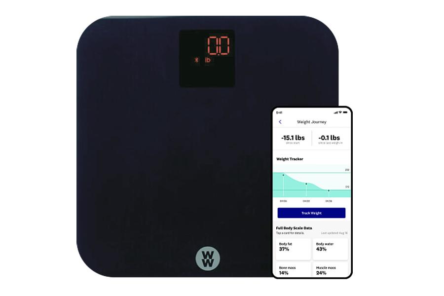 WeightWatchers scale, which is a black rectangle with rounded corners, alongside a phone showing the WeightWatchers app