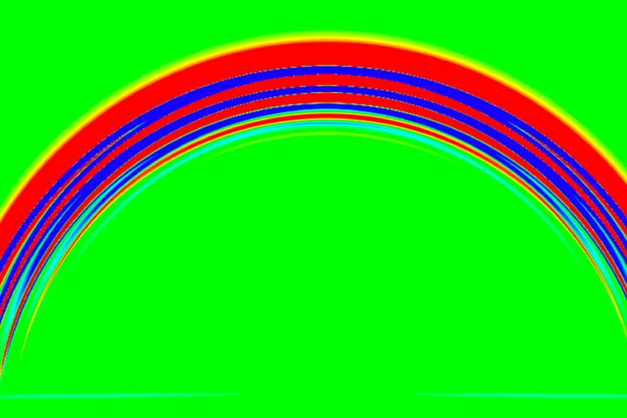 A rainbow-like arc of alternating red and blue lines against a neon green background