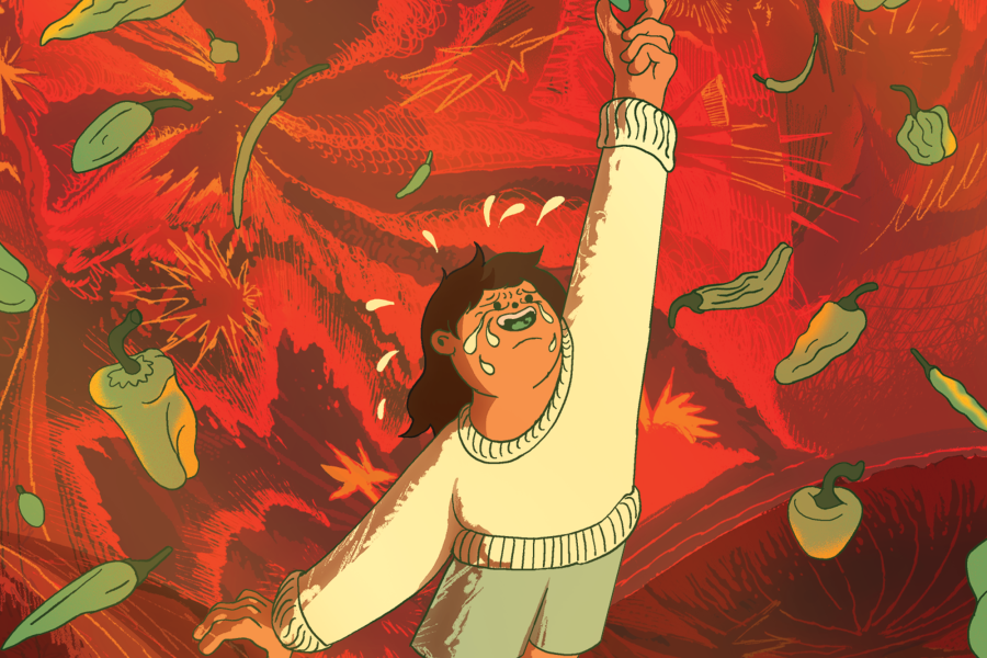 Illustration of a woman holding up a pepper. In the background is a sea of chili peppers.