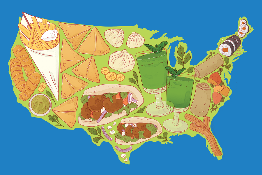 Overlaid on an American map are various types of food, including dumplings and sushi