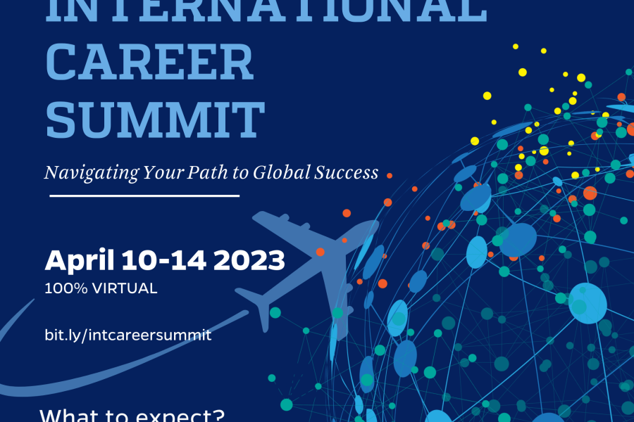 international career summit blue background airplane and globe