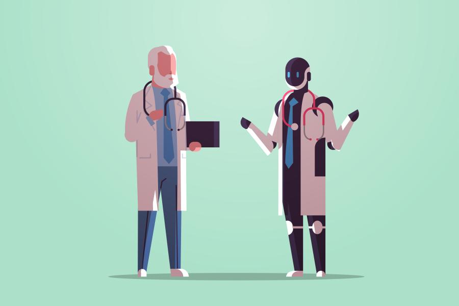 An illustration of a human doctor and a robot doctor talking