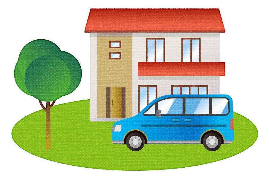 Illustration of a minivan and a two-story house