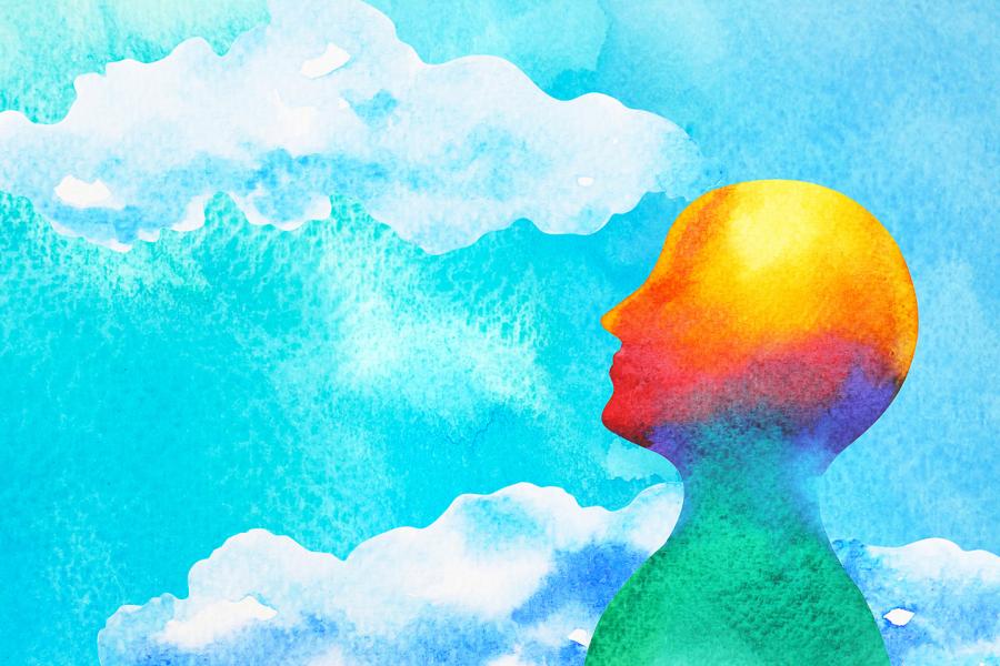 Colorful illustration of rainbow-hued head gazing at a bright blue sky with white clouds