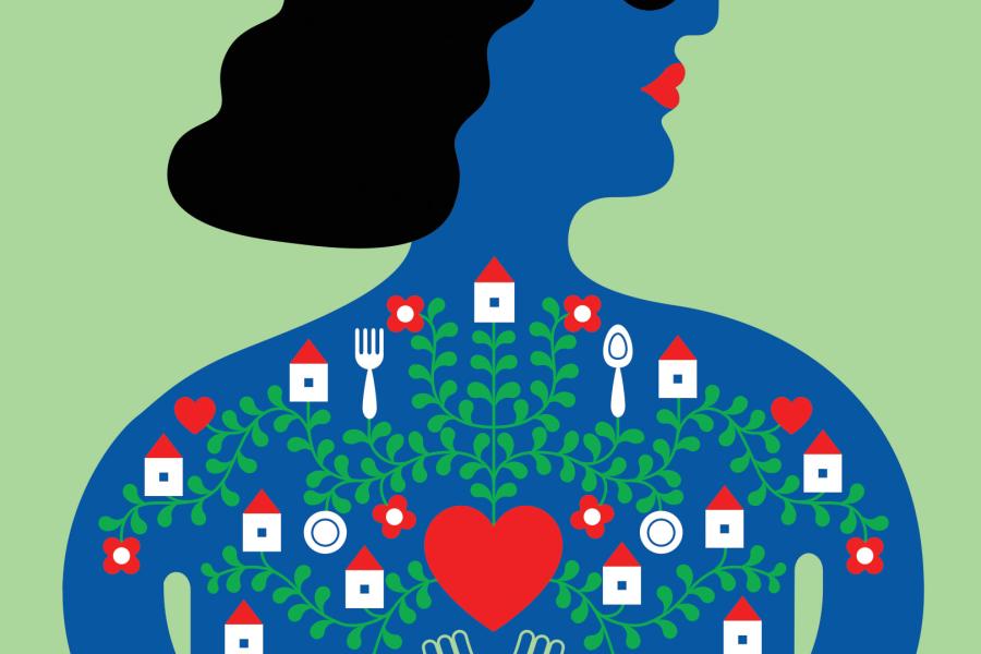 An illustration of a blue person holding a read heart with green vines