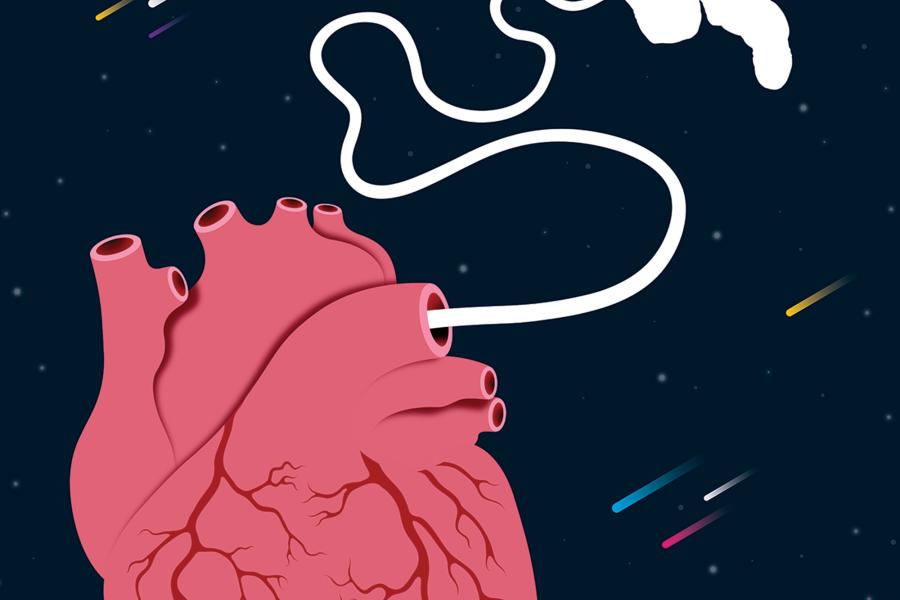 illustration of an astronaut floating in space while connected to a heart