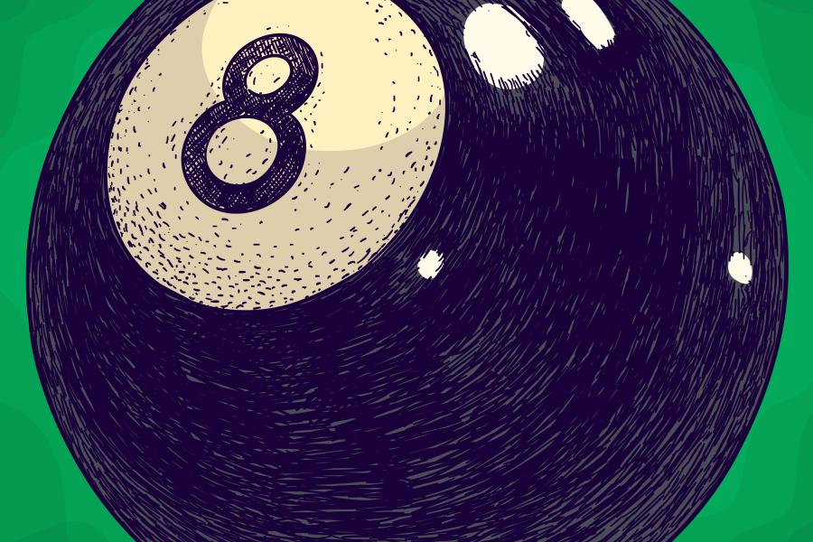 A drawing of an 8-ball on a green background