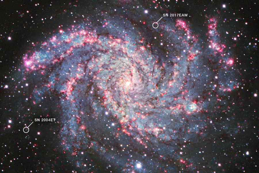 Photograph of spiral galaxy NGC 6946, with circles drawn to bring attention to Supernova 2004et and Supernova 2017eaw.