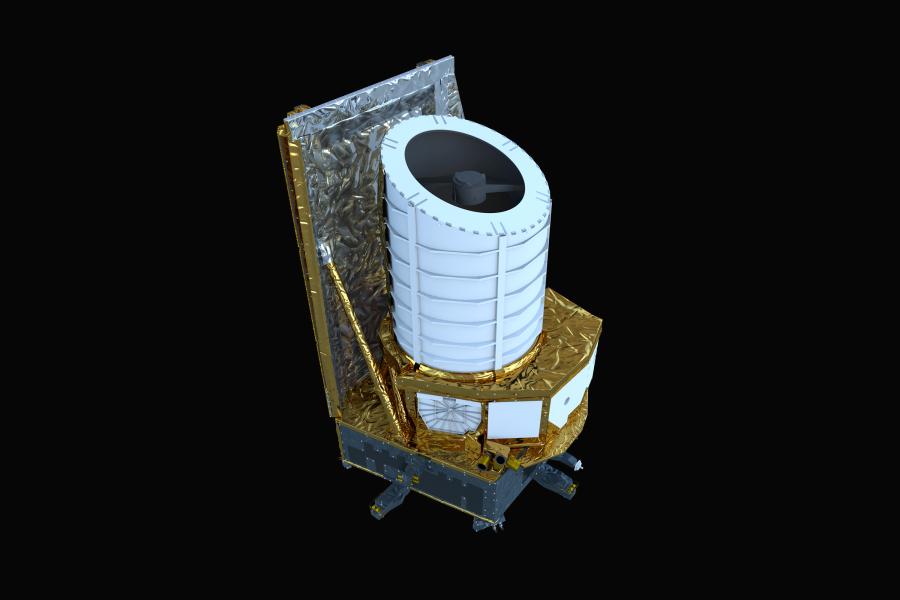 Artist's impression of the Euclid spacecraft, a white cylinder atop a gold platform