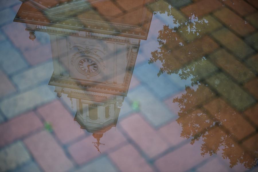 The Gilman Hall clock tower is reflected upside down in a puddle on a brick path