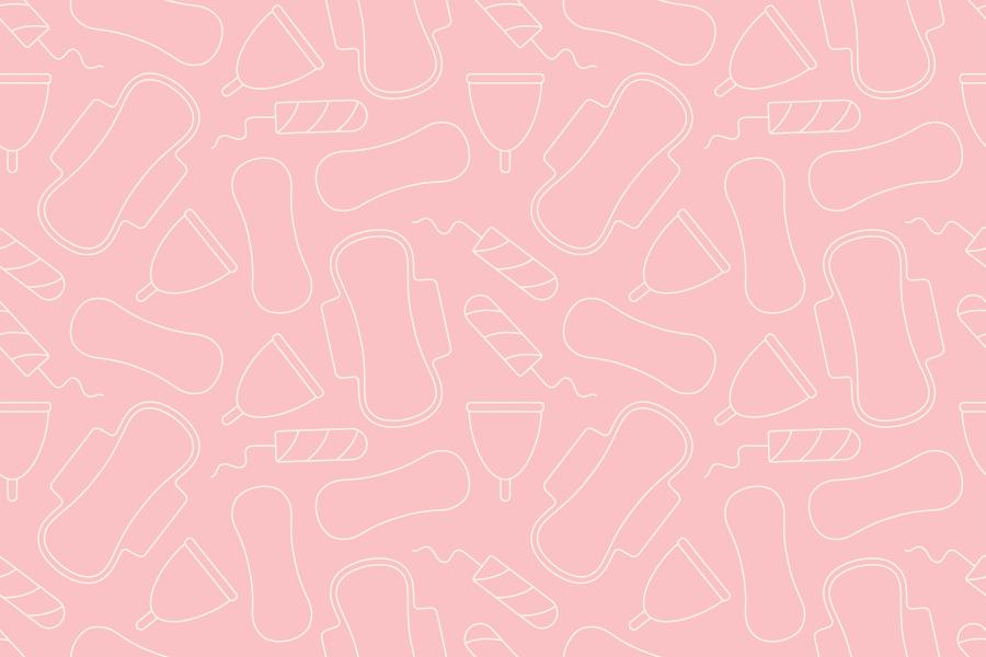 Seamless pattern of different menstrual hygiene products: menstrual cup, sanitary pad, tampon, panty liner