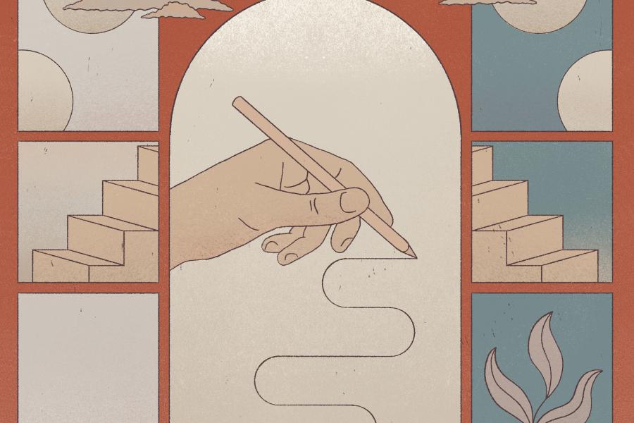 A tarot-card-inspired illustration depicts a hand putting pen to paper