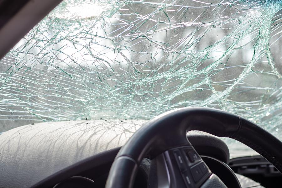 Closeup of a smashed car windshield