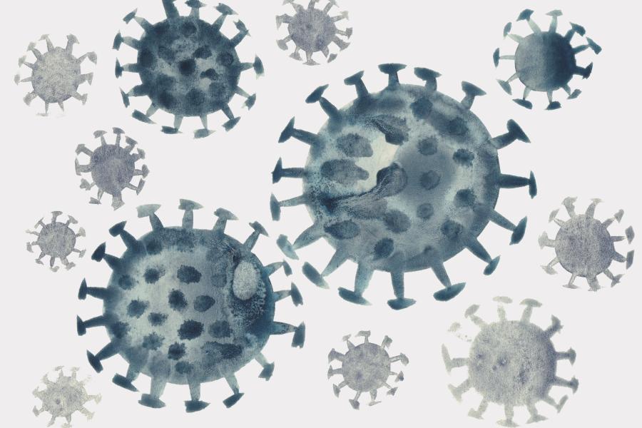 A drawing of a coronavirus in grey watercolor background to illustrate dangerous cases of a pandemic