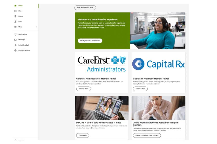 Screen shot of the Quantum Health website, which shows some of the other sites that employees can access from there