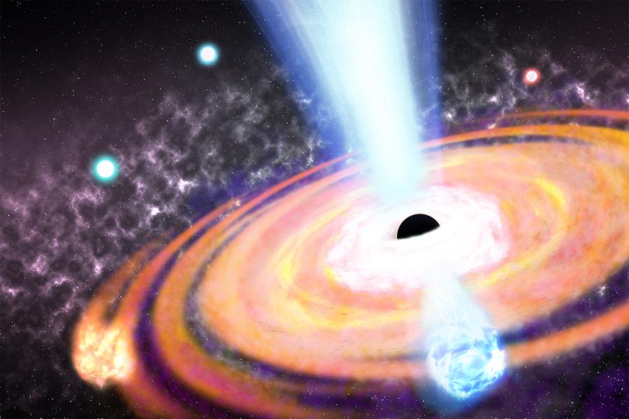 An illustration of how a supermassive blackhole would make stars in the first 50 million years of the universe. The foreground shows stars in the making, gas clouds getting crushed by the black hole’s powerful magnetism. The background shows fully formed stars. A spiral of dust and gas revolving like a storm around the black hole also is shown. Also, the black hole shoots out plasma and energy upwards from the center of this storm.