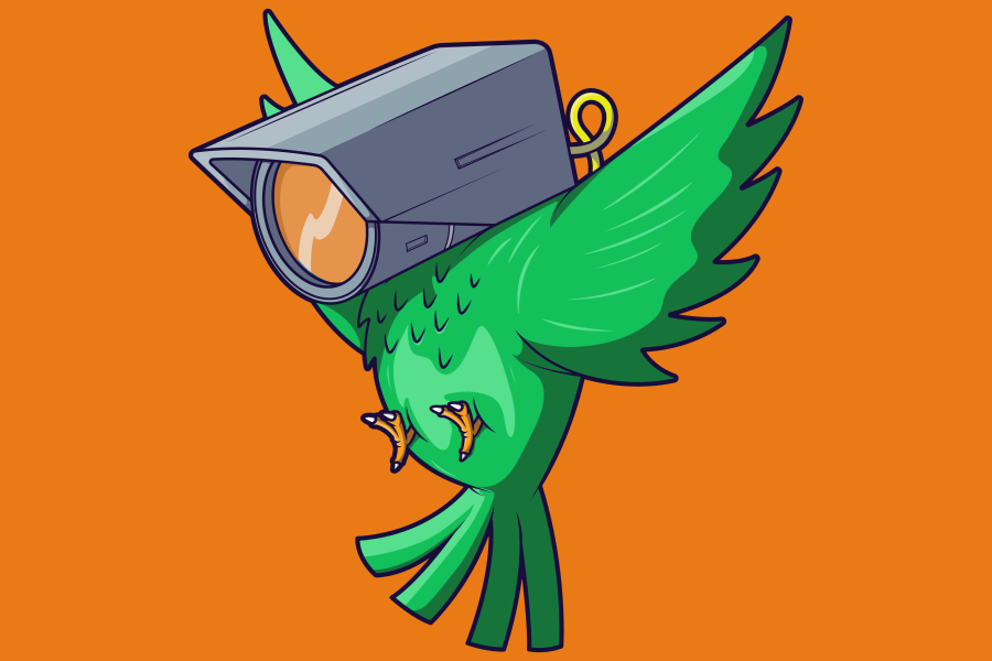 Green bird whose head is a camera