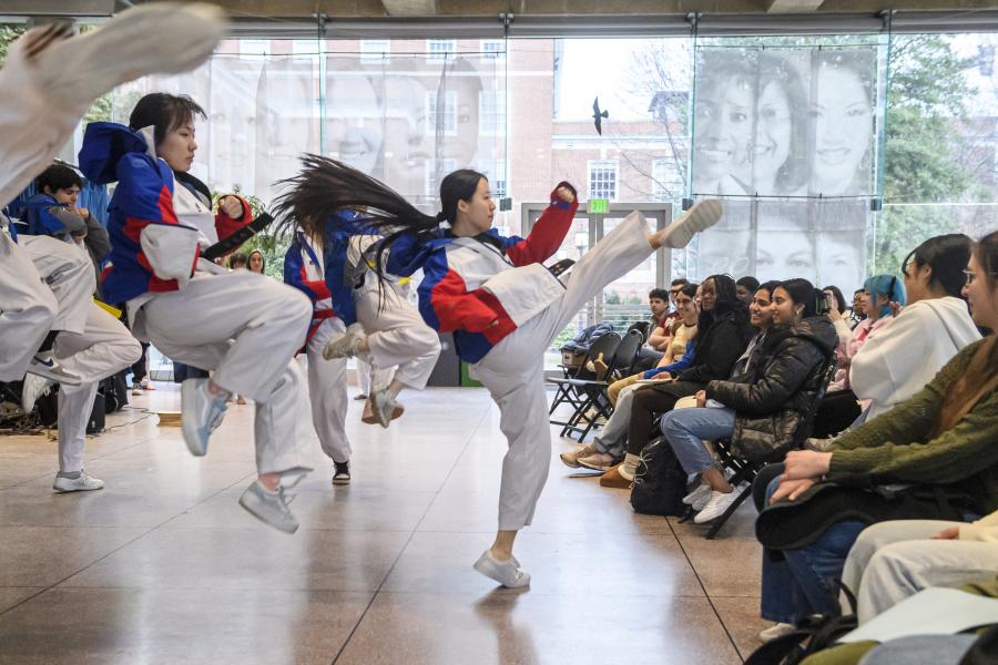 A group of taekwondoe martial artists perform in front of a crowd.