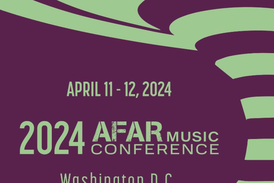 Purple background with green words: 2024 Afar Music Conference