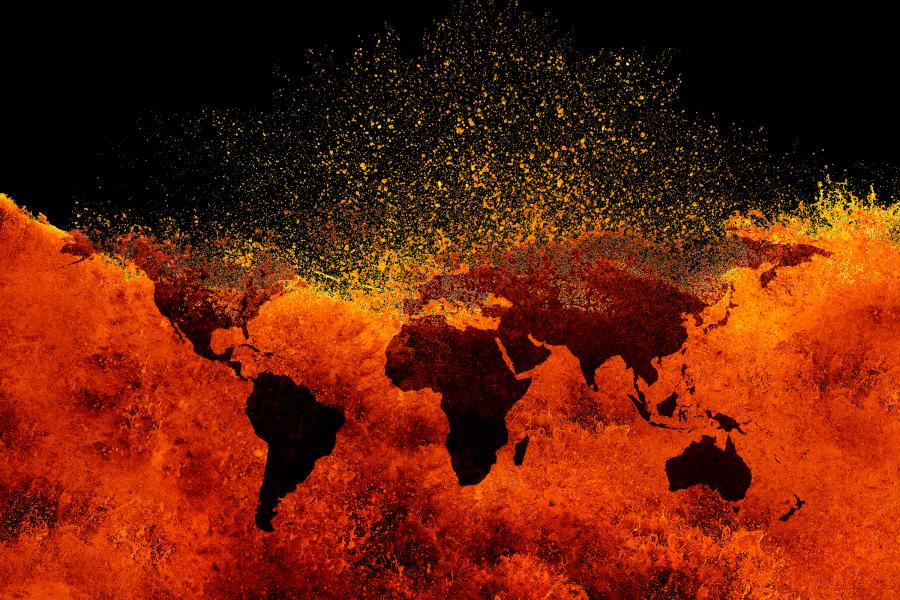Map of the world appearing to be on fire, with reds, oranges, and yellow featuring prominently