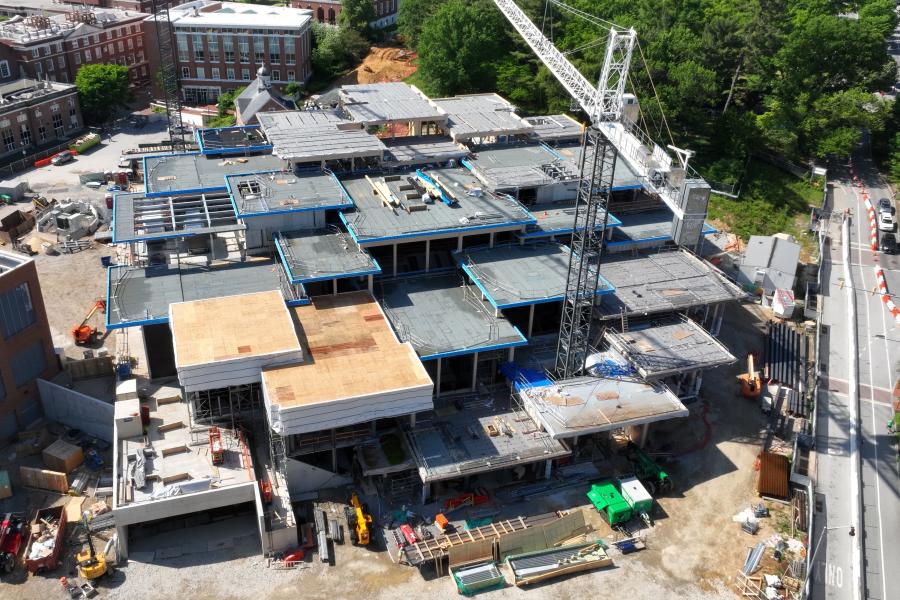 An aerial view of the half-built Hopkins Student Center.