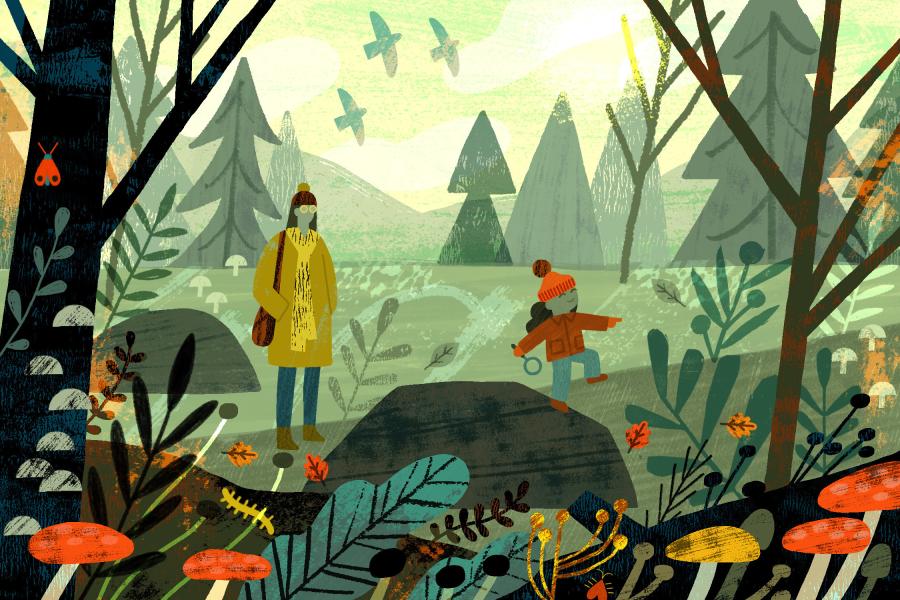 An illustration of a mom and daughter exploring the woods