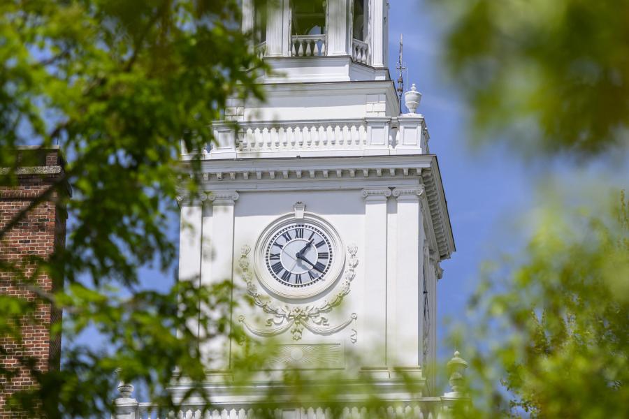Gilman Hall clock tower in spring