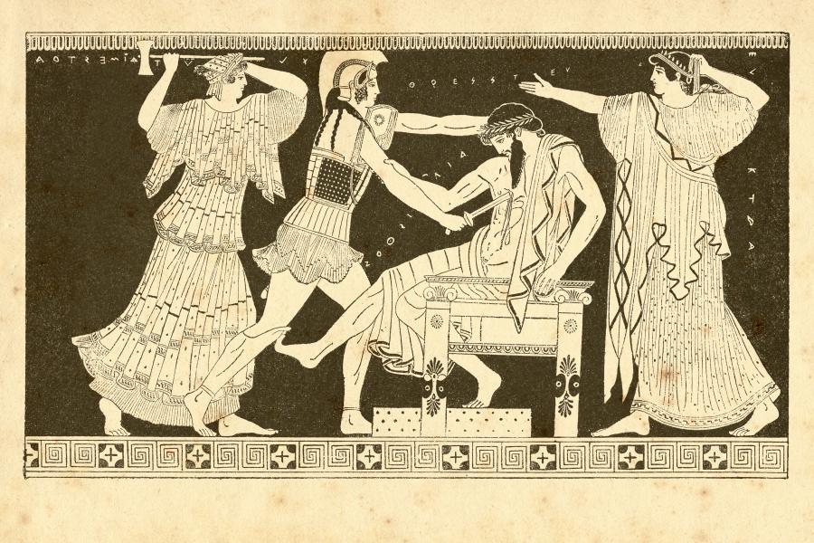 Aegisthus being murdered by Orestes and Pylades ancient Greece