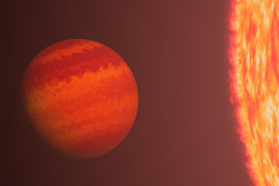 Artist’s concept of newly found planet TIC365102760 b, nicknamed Phoenix, shows the puffy gas planet in various shades of red, orange, and brown up close facing a red giant star emitting light and a starry backround.