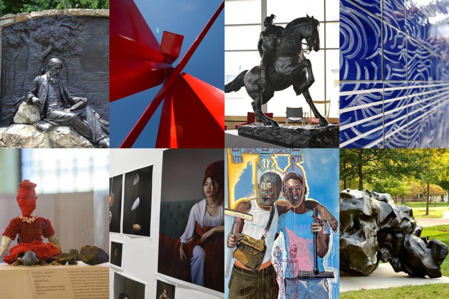 A collage of different sculptures, paintings, and printed photographs.