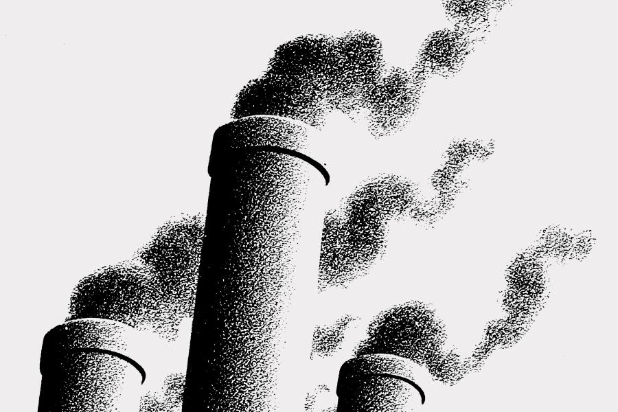 Black and white illustration of three smoke stacks