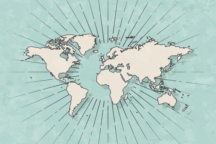 Map of World in a trendy vintage style. Beautiful retro illustration with old textured paper and light rays in the background