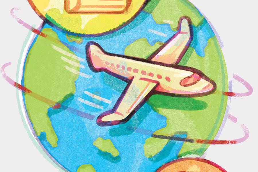 An illustration of books and an airplane in front of a globe