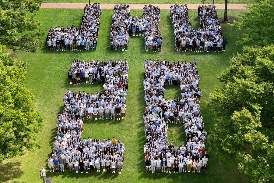 Johns Hopkins University Class of 2028 arrayed to spell JHU 28