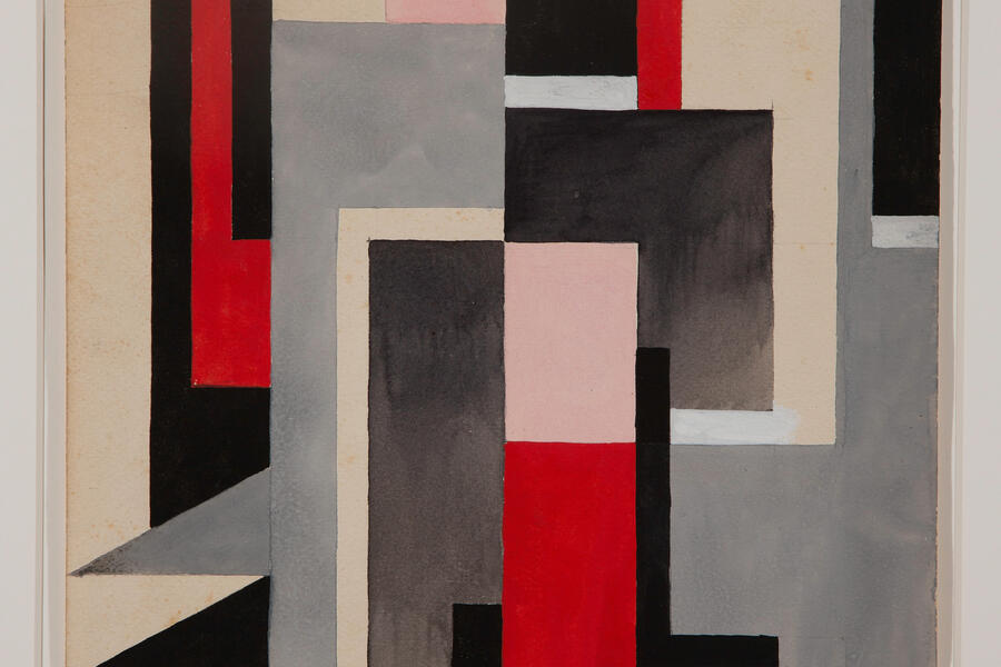 Abstract collection of shapes in red, black, and gray