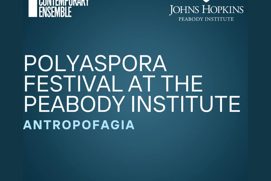 A teal square with the text: Polyaspora Festival at the Peabody Institute Antropofagia