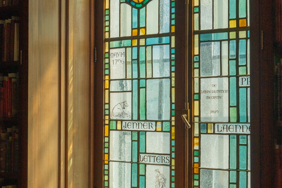 A stained glass window in the Welch Medical Library