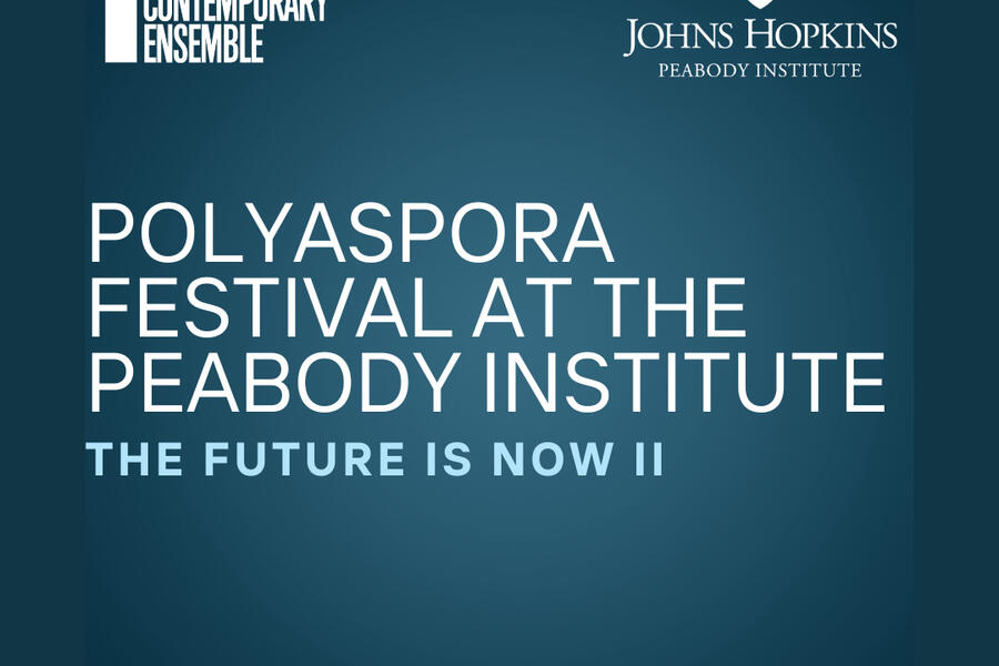 Teal square with the text: Polyaspora Festival at the Peabody Institute The Future is Now II