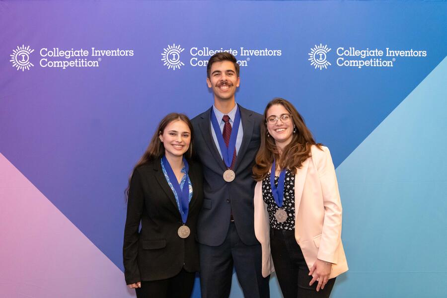 From left, Gloria Kalnitskaya, Eric McAlexander, and Selena Shirkin at the 2024 Collegiate Inventors Competition