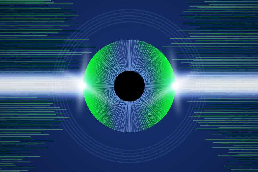 A navy blue and green rendering of a human eye