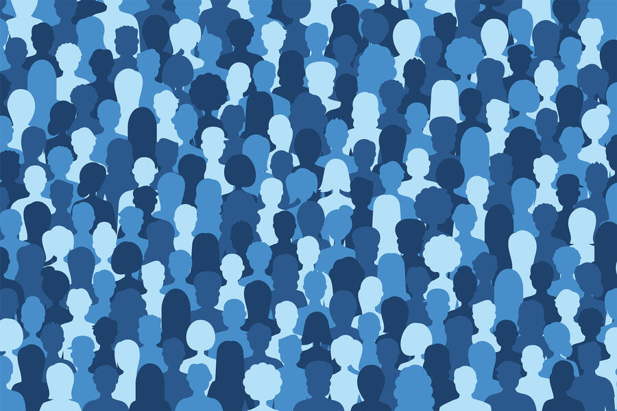 An illustration in shades of blue showing the outlines of people in crowd